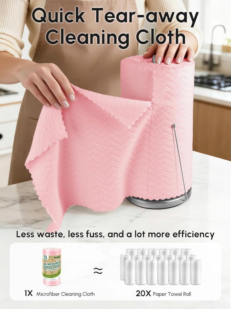 SOOWASH Microfiber Cleaning Cloths Roll, 75 Pack Tear Away Microfiber Towels Roll, 12" x 12" Lint Free Rags, Reusable Cleaning Cloths, Washable, Scratch Free,Ultra Absorbent Dish Rags(Pink Ripple) - Image 2